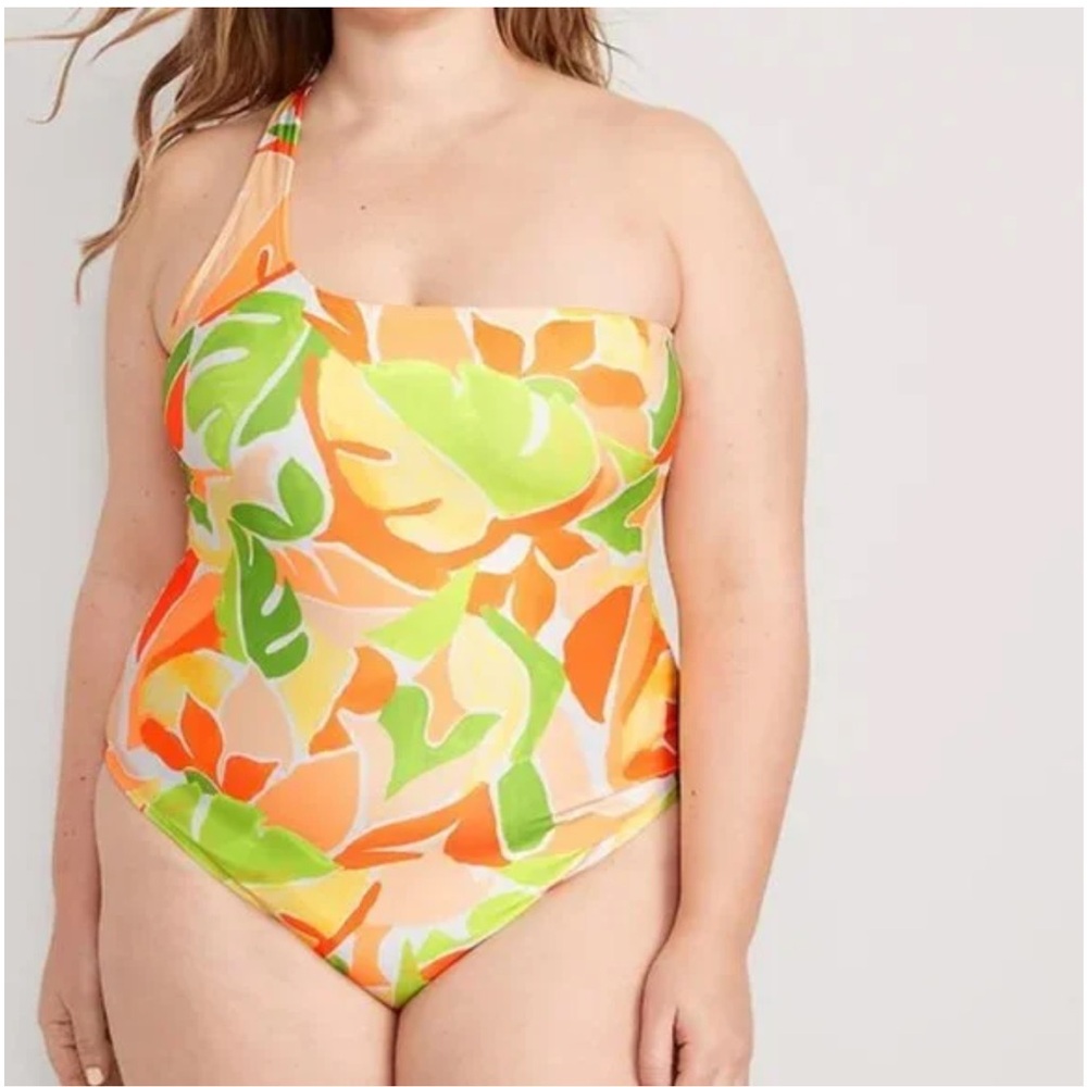 Old Navy One-Shoulder Tropical Green and Orange Print one piece Swimsuit Size 2X